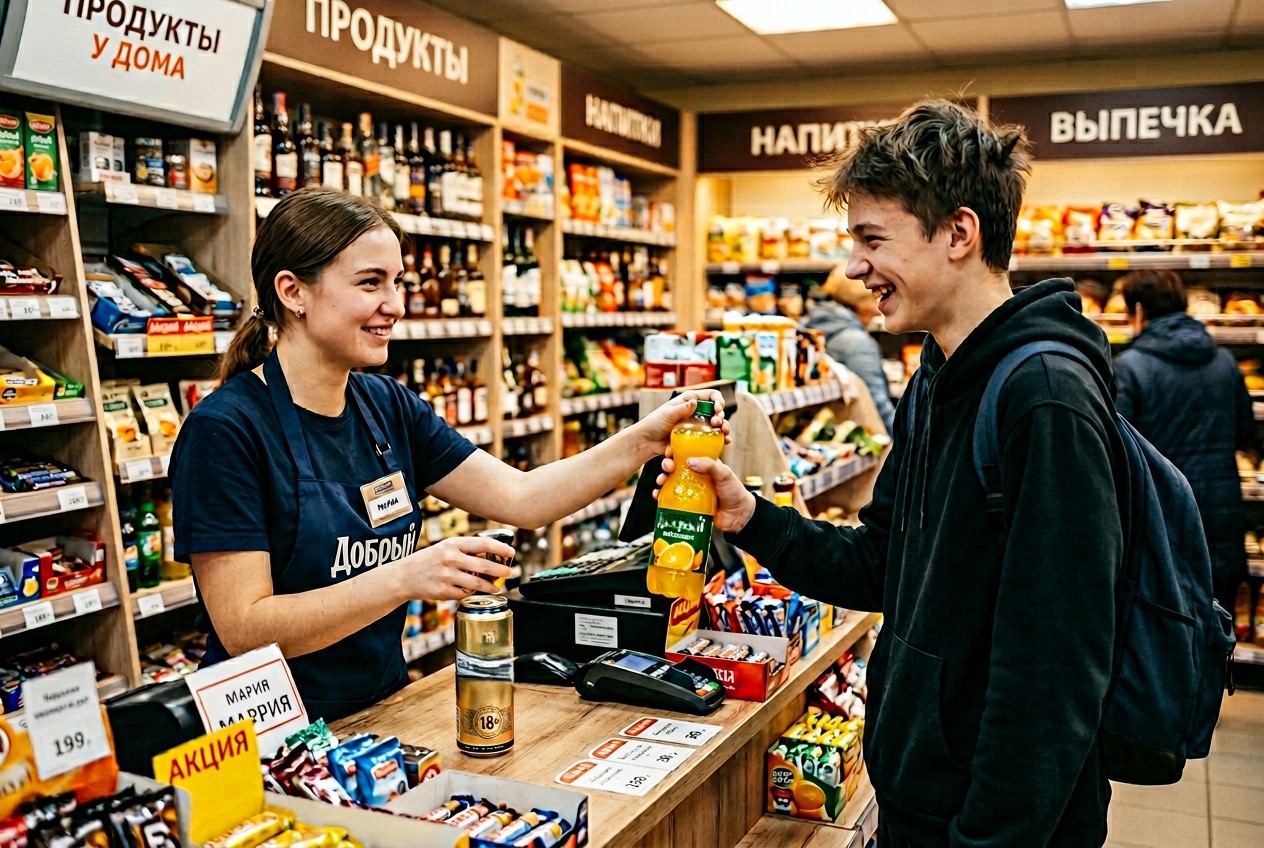 ИИ-изображение: продавец отказывается продавать алкоголь подростку, предлагая сок.