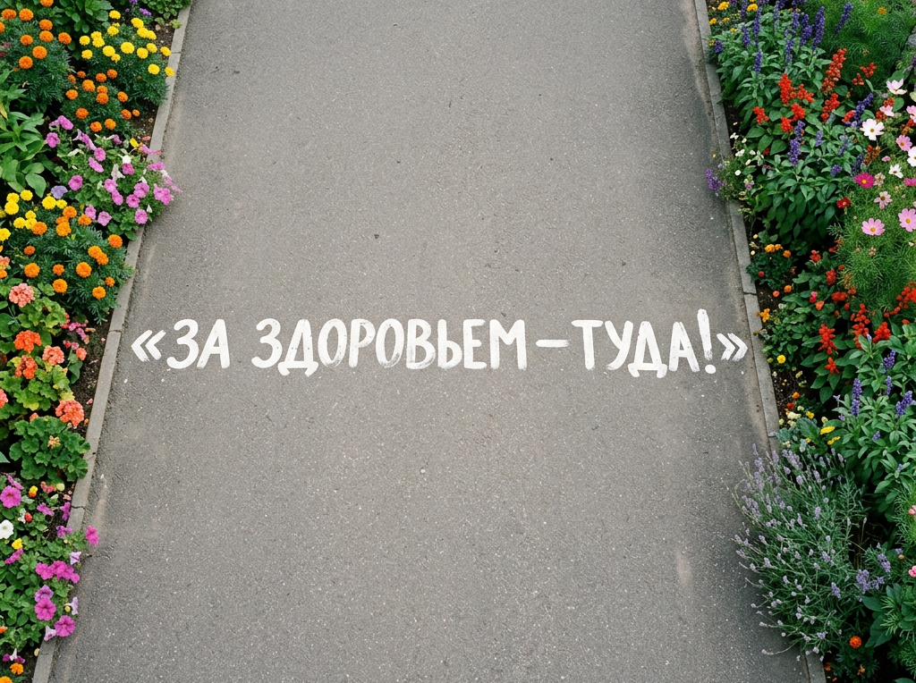 ИИ-изображение: асфальтовая дорожка между клумб с надписью.